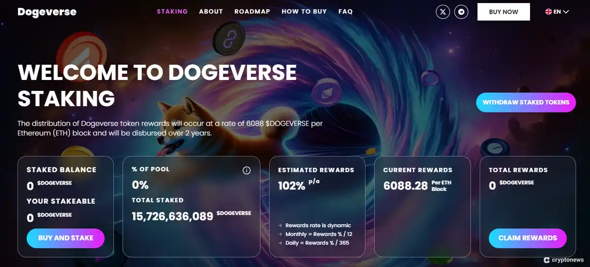 Dogeverse staking APY and rewards per ETH block