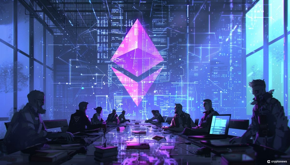 Ethereum logo with multiple silhouettes in the background
