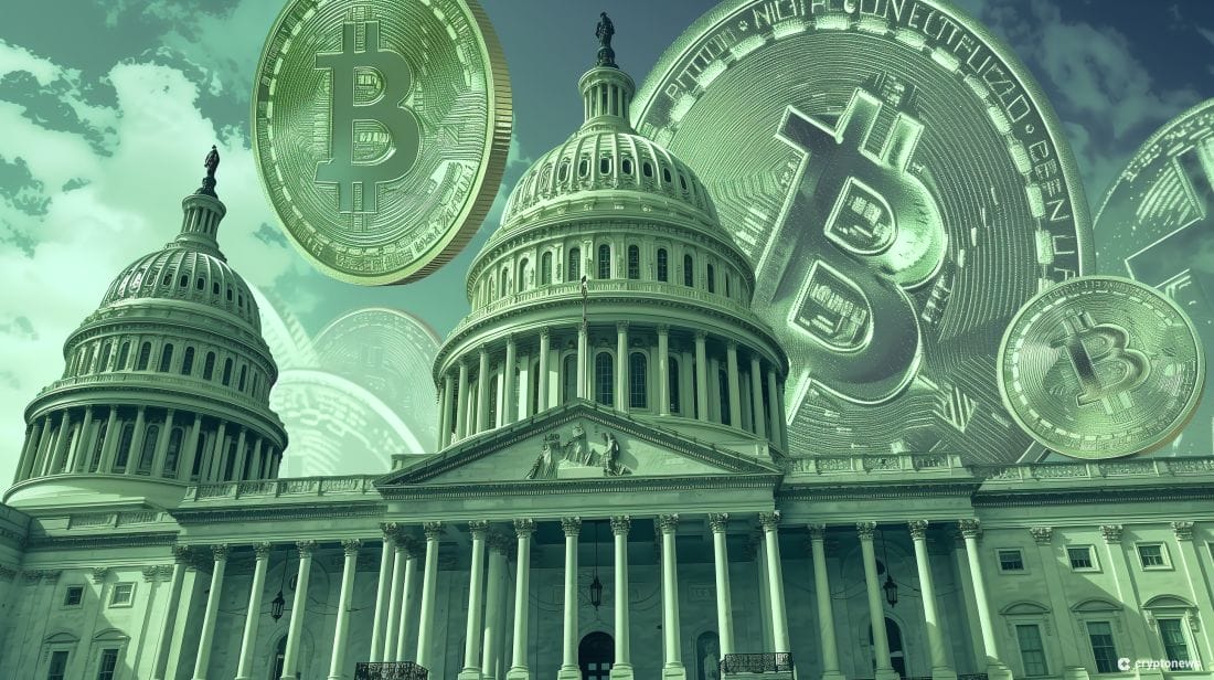 A green-toned image depicting the U.S. Capitol Building with several Bitcoin symbols superimposed in the sky above, representing the growing influence of figures like John Deaton and Elizabeth Warren in the debate surrounding cryptocurrency regulation in the United States.