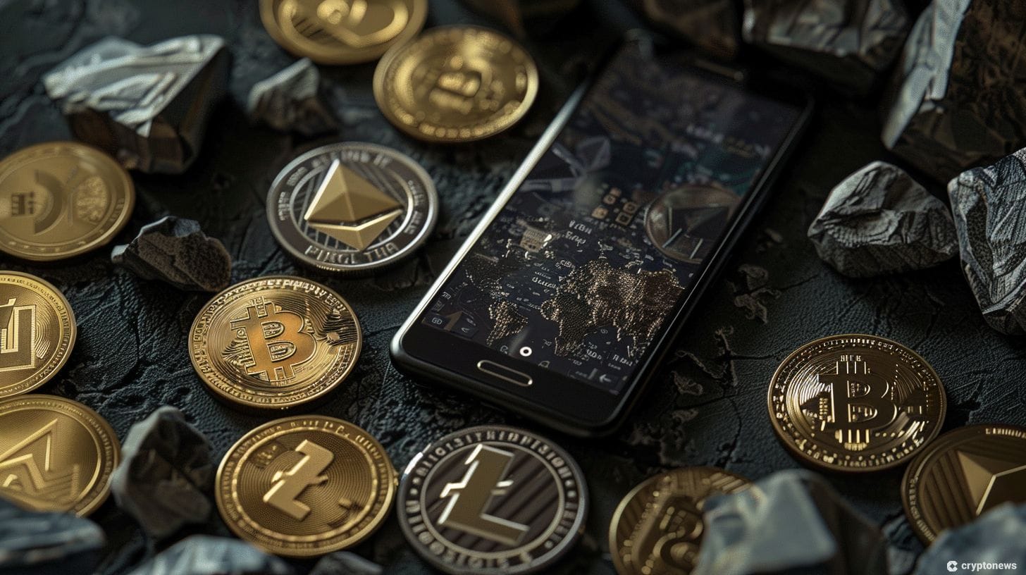 A depiction of an Android phone surrounded by cryptocurrencies symbolizing Trust Wallet's removal from the Google Play Store.