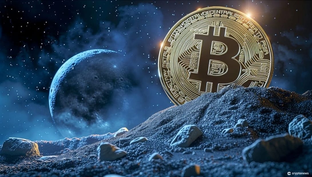 Bitcoin on the Moon, earth far away in the background