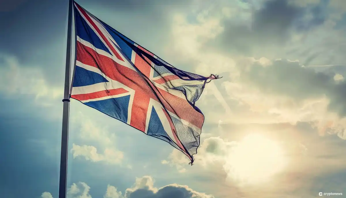 The UK flag flutters against a dramatic sky, symbolizing the intensifying scrutiny surrounding the UK's AI market competition and its impact on the nation's technological and economic future.