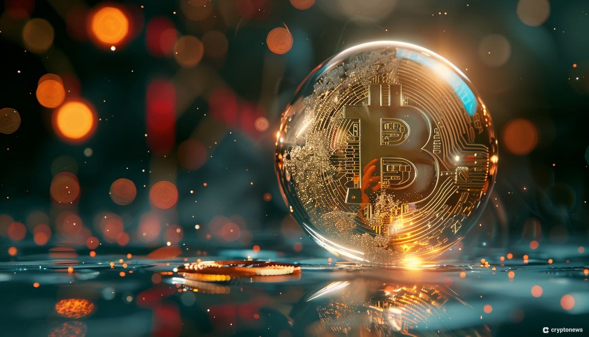 A golden Bitcoin symbol encased in a glass sphere, reflecting light and suggesting the potential growth and global impact of bitcoin price. Arthur Hayes predicts that the Bitcoin Price may soon hit $70k.