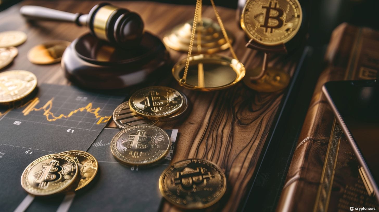 A desk with a gavel and cryptocurrencies symbolizing Robinhood receiving a Wells Notice from the SEC.