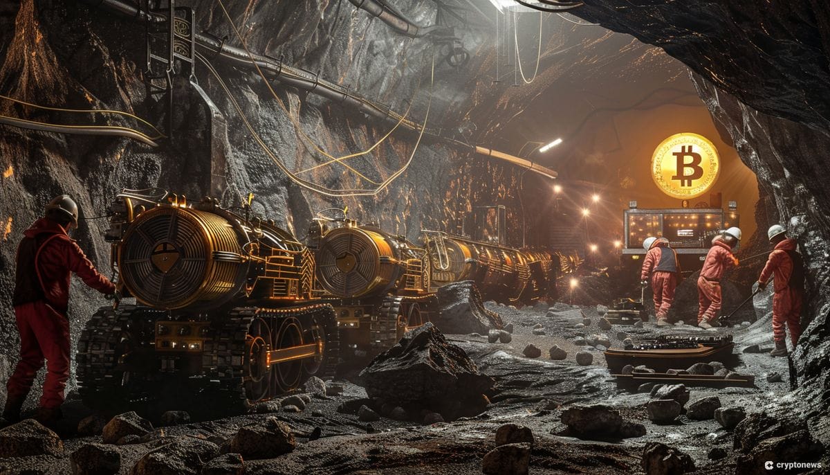 Bitcoin Miners in a BTC mine