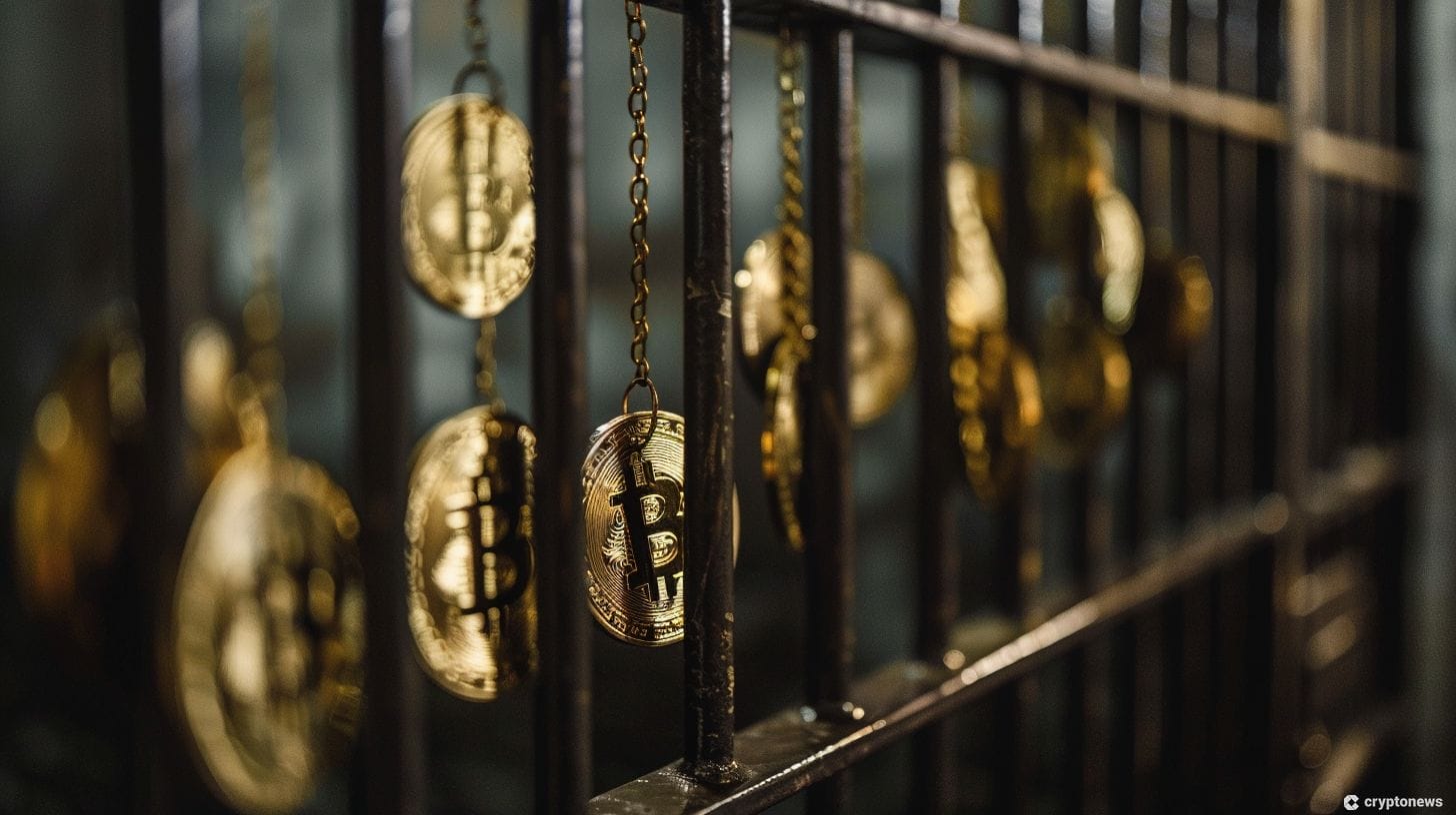 A jail cell filled with cryptocurrencies symbolizing the case of the Binance executives (including Tigran Gambaryan) stuck in Nigeria in light of Richard Teng's claim.