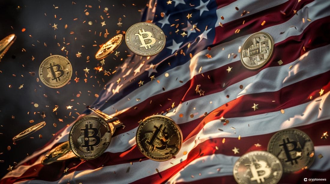 An American flag with cryptocurrencies symbolizing the Trump NFT dinner amidst Stormy Daniels' testimony in his hush money trial.