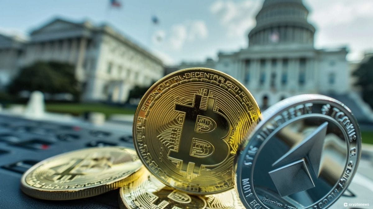 A depiction of Washington D.C. with cryptocurrencies symbolizing Vlad Tenev's claims that Robinhood and the SEC met 16 times before this week's Wells Notice.