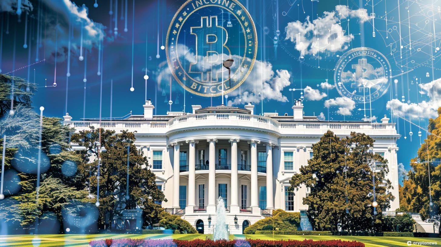 A depiction of the White House with cryptocurrencies symbolizing Stand With Crypto's launch of its crypto PAC ahead of the 2024 elections.