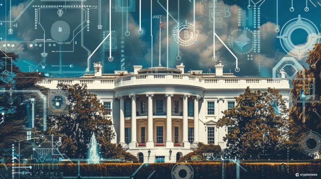 The White House surrounded by blockchain technology, signifying MoonPay's recent donation to Stand With Crypto ahead of the 2024 elections.