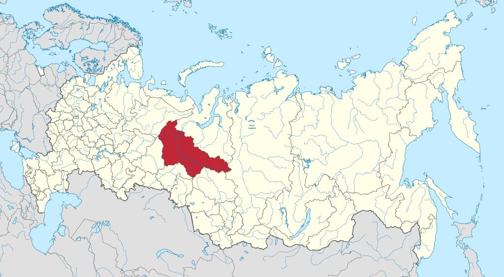 The Khanty-Mansi Autonomous Okrug on a map of Russia.