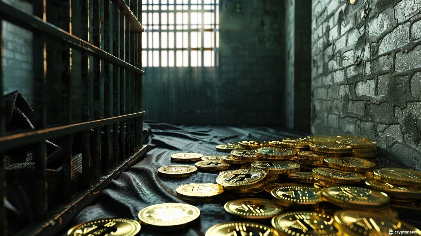 A jail cell with cryptocurrencies representing Binance executive Tigran Gambaryan's bail denial in Nigeria.