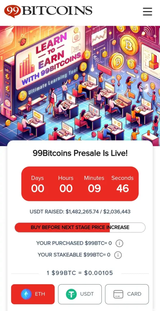 99Bitcoins token presale website (mobile screenshot)