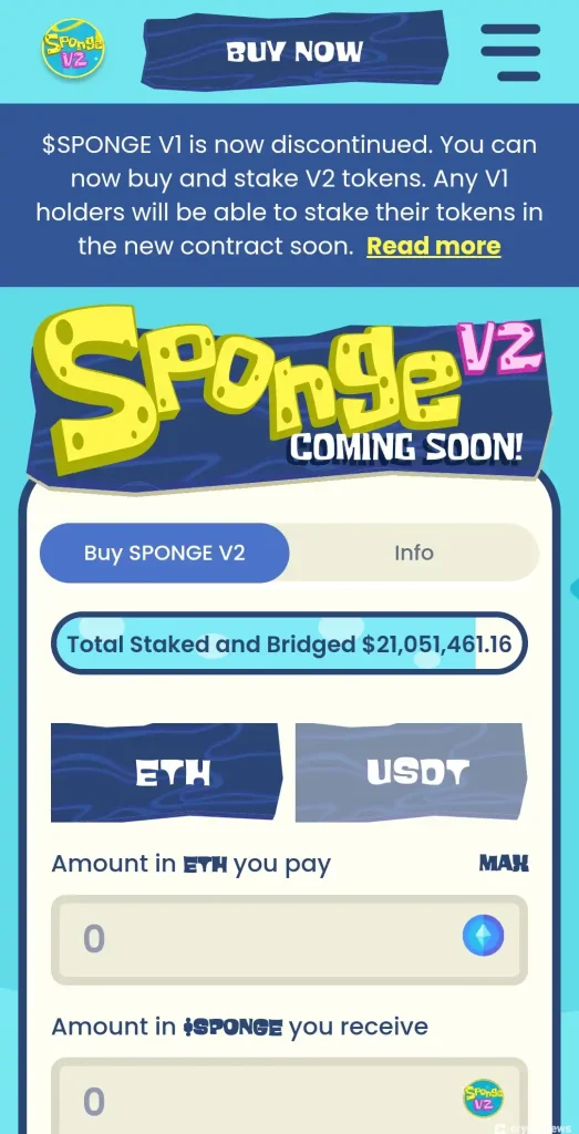 Sponge V2 presale website (mobile screenshot)