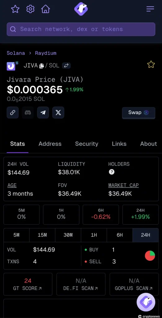 JIVA SOL trading pair on Raydium (mobile screenshot)