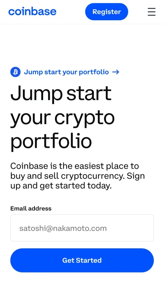 Coinbase centralized cryptocurrency exchange homepage (mobile screenshot)