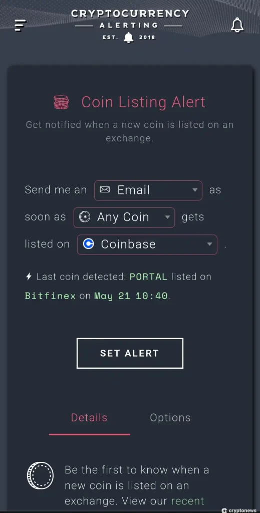 How to set a coin listing alert with CryptocurrencyAlerting (mobile screenshot)
