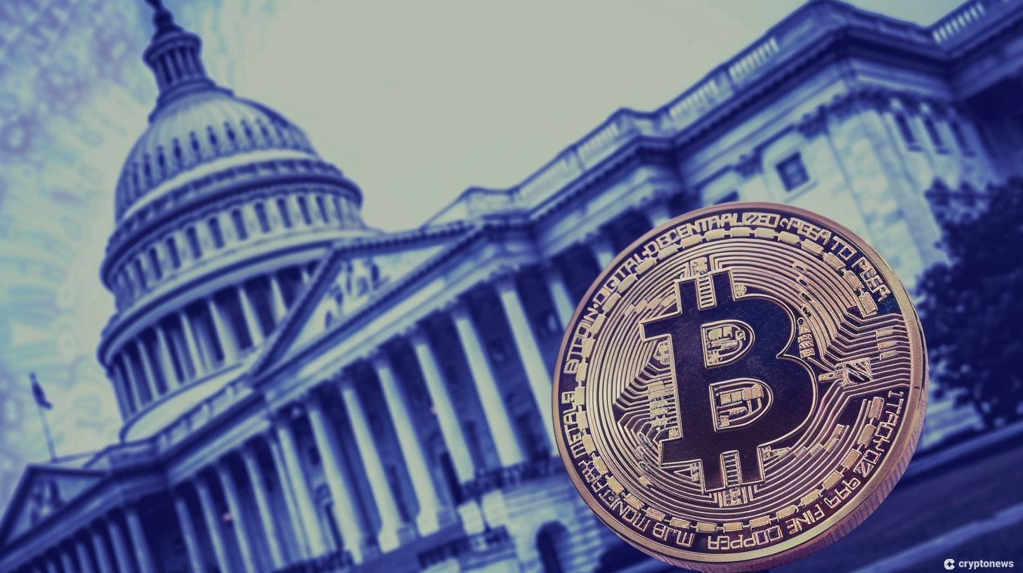 A depiction of the U.S. Capitol with a Bitcoin symbolizing news that Reps. Maxine Waters and David Scott will not whip party members against the Wednesday FIT21 vote regarding crypto regulation.