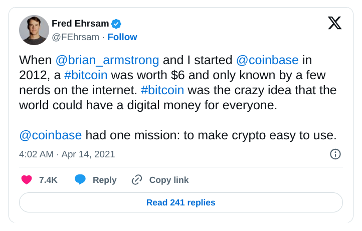 coinbase founder tweet