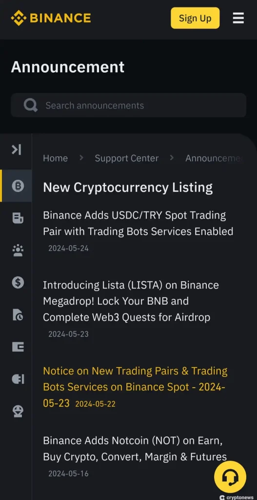 New Binance listings announcements page (mobile screenshot)