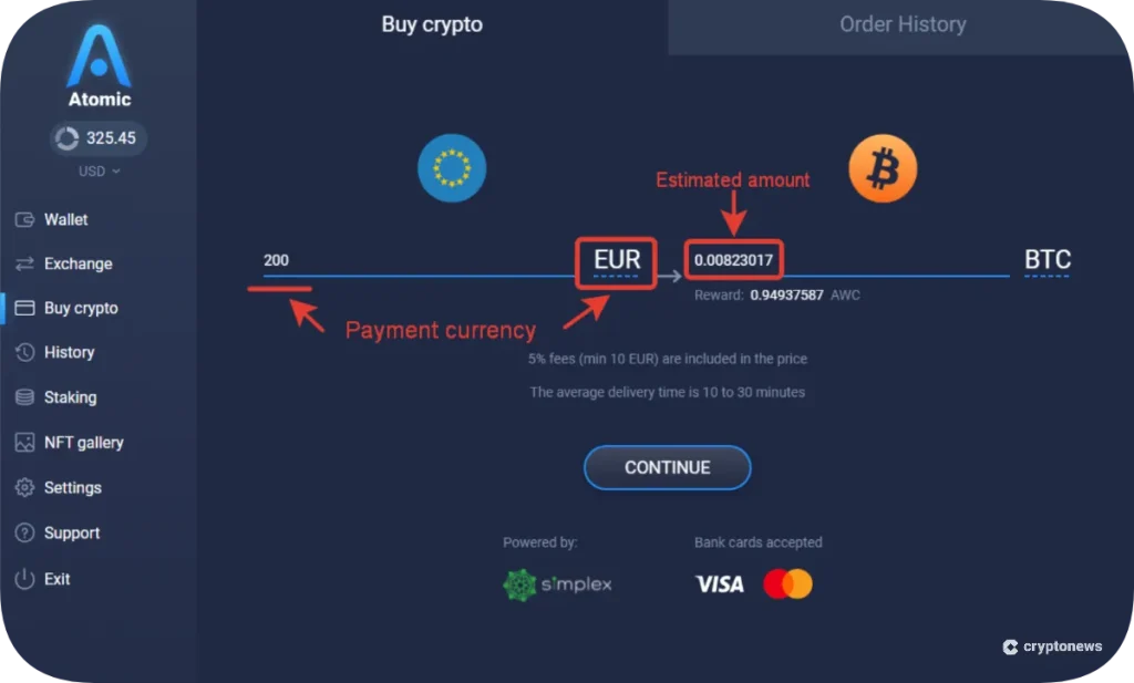 conversion of euro to btc on atomic wallet