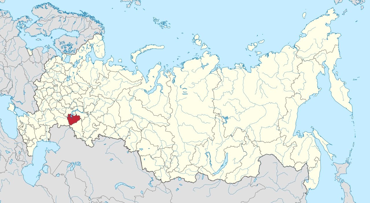 A map of Russia with the Samara Oblast shaded in red.