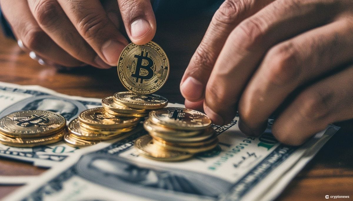 A hand places a gold Bitcoin coin on top of a stack of other Bitcoin coins, all sitting on a bed of US dollar bills. MicroStrategy Bitcoin continues to make headlines with its latest debt offering.