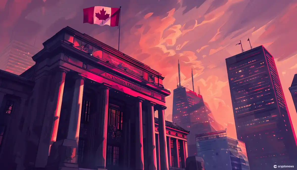 A stylized image of a building with a Canadian flag flying above it, set against a vibrant, pink and orange cityscape. This scene symbolizes the establishment of the BIS innovation hub in Toronto, Canada.