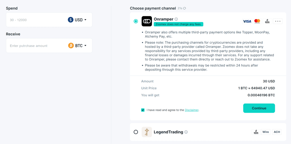 Zoomex payments using Onramper and LegendTrading