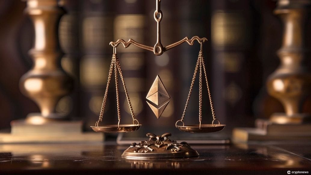 A golden scale of justice with an Ethereum logo hanging in the middle, representing the legal battle between Consensys and the SEC.