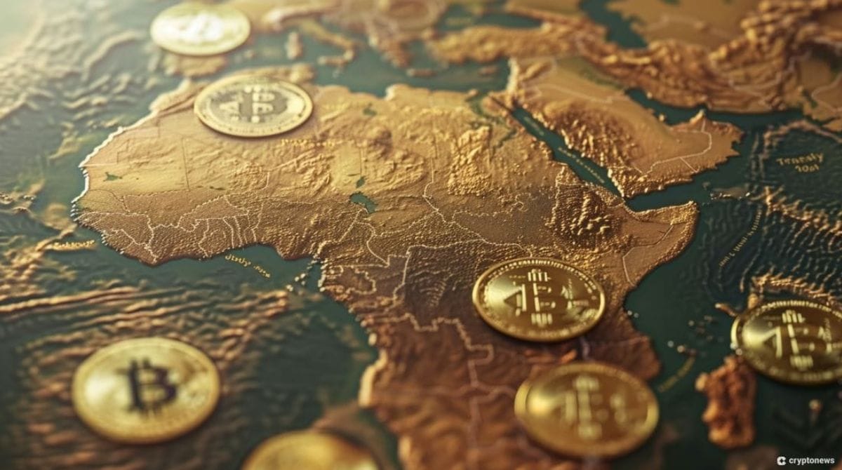 Gold Bitcoin cryptocurrency coins lay scattered on a detailed, textured map of Africa. This image represents the complex legal situation surrounding Binance executive, Tigran Gambaryan, who is currently detained in Nigeria, highlighting the growing presence of cryptocurrency within the continent and the regulatory challenges it poses. This image relates to an article about the Binance Nigeria case.