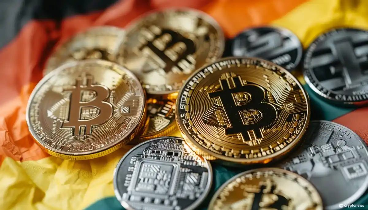 Several gold Bitcoin coins are displayed on a German flag, representing the German Government's involvement in the Bitcoin market.