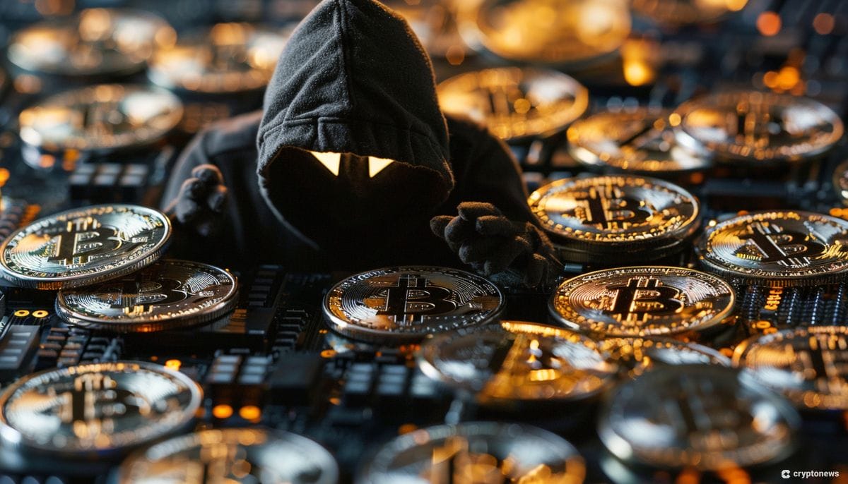 A shadowy figure representing the threat of CeFi hacks lurks amidst a pile of Bitcoin, symbolizing the vulnerability of centralized finance platforms.