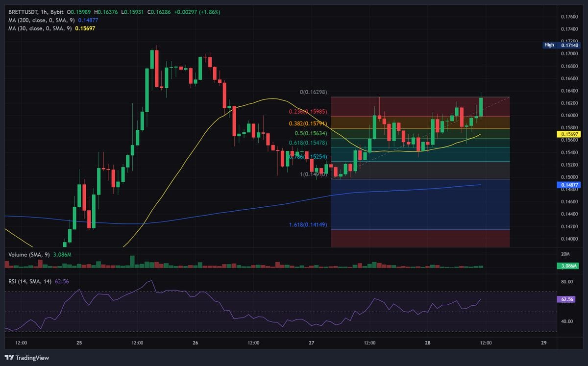 BRETT price chart with technical analysis. Source: Bybit.