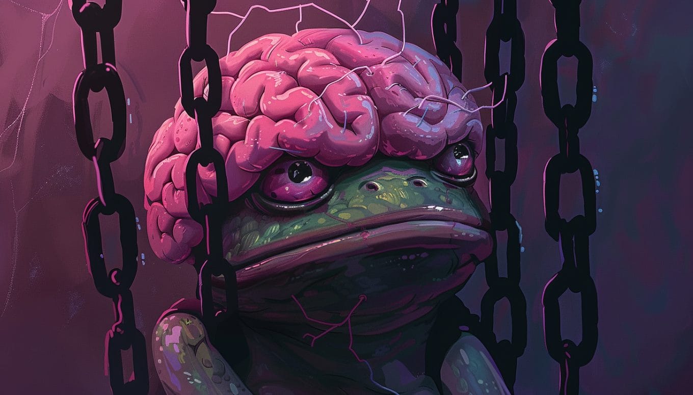 A frog with a brain exposed, symbolizing the Pepe Unchained meme coin breaking free from chains.