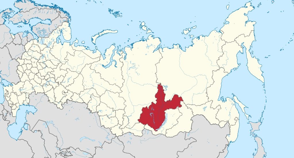 The Irkutsk Oblast on a map of Russia.