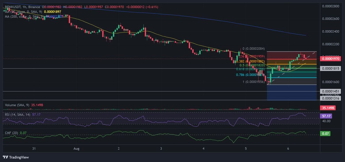 Bonk price chart with technical analysis. Source: Binance.