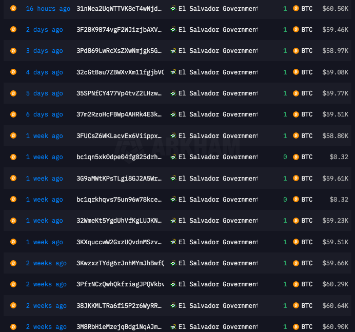 El Salvador's Bitcoin purchases have been consistent, with most transactions involving one Bitcoin