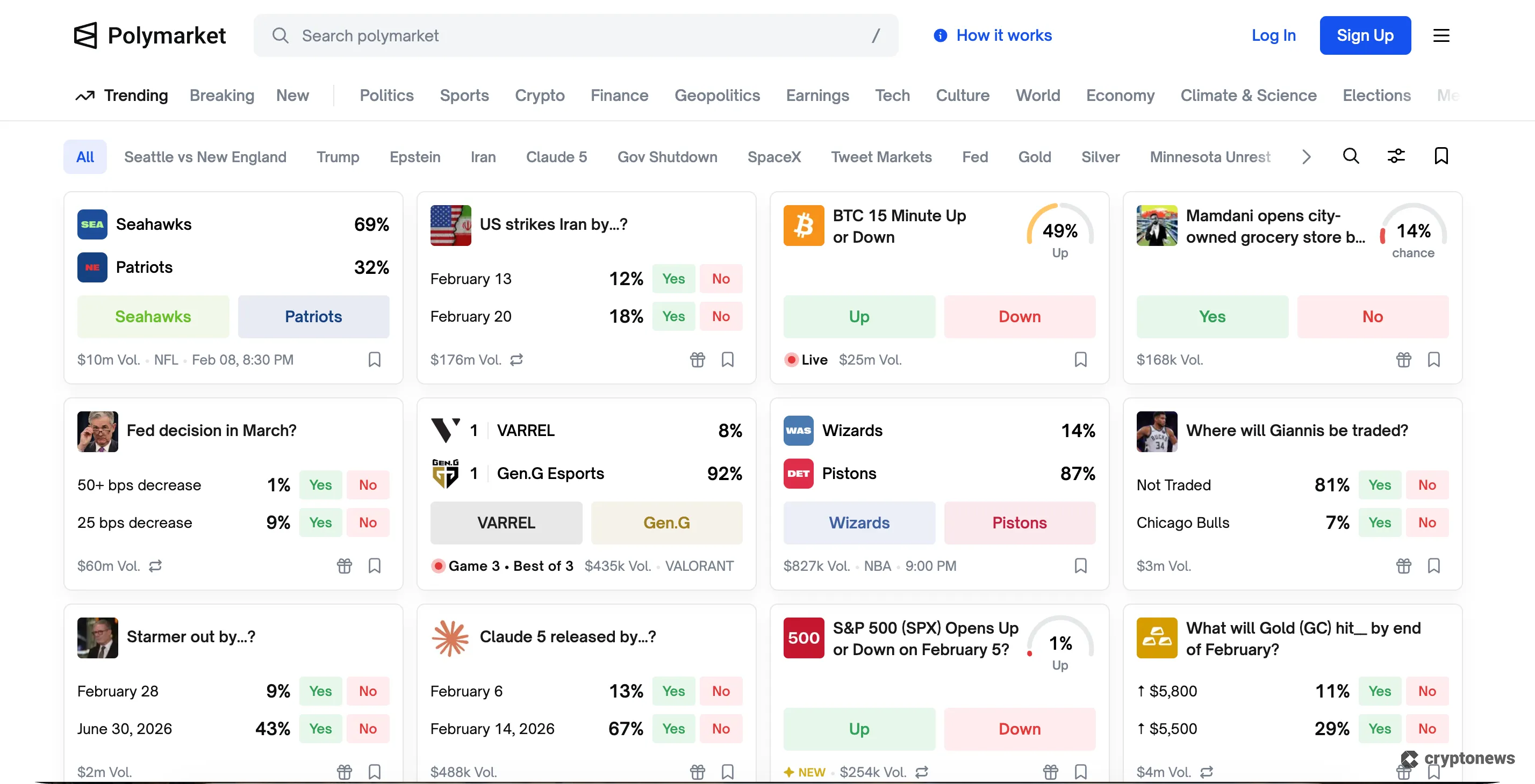 polymarket homepage february 2026