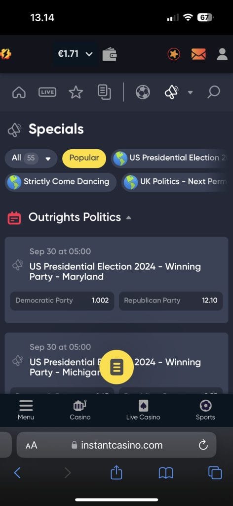 instant casino political bets