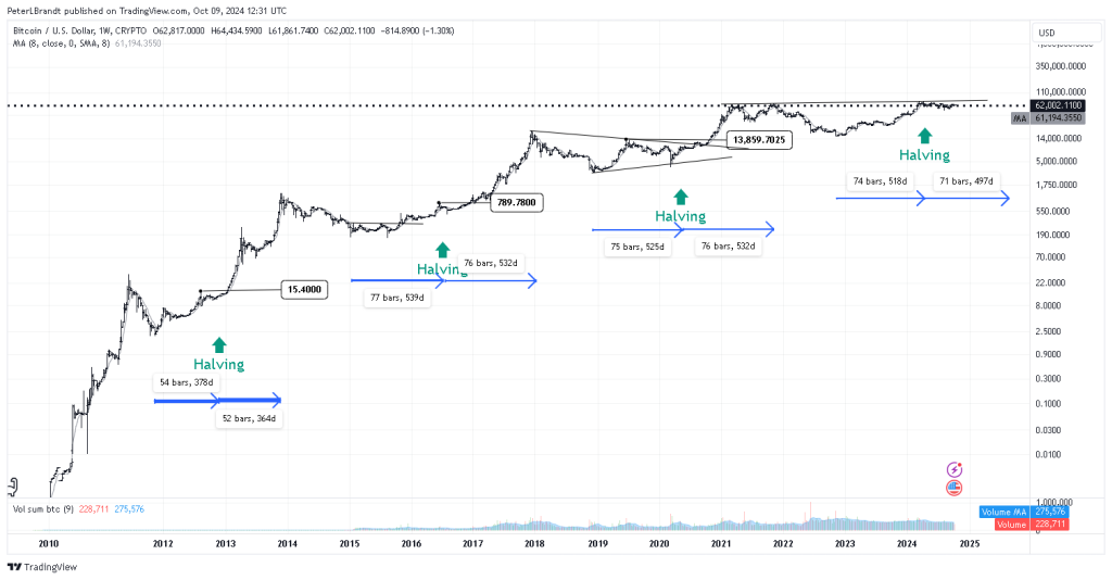 BTC/USDT 1W chart, Halving cycle patterns. Source: Peter Brendt / X.