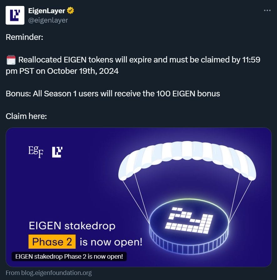 Fraudulent airdrop scam post. Source: EigenLayer / X.