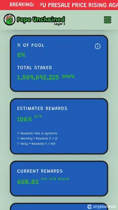 pepe unchained staking aoy, number of staked tokens, and rewards per eth block