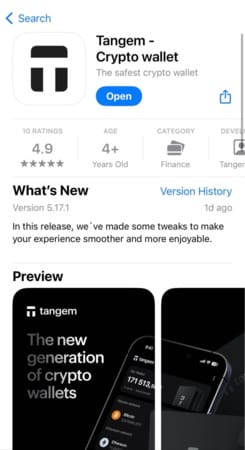 The Tangem app on iPhone requires iOS 15.0 or later, while the Android version requires Android 6.0 or later.