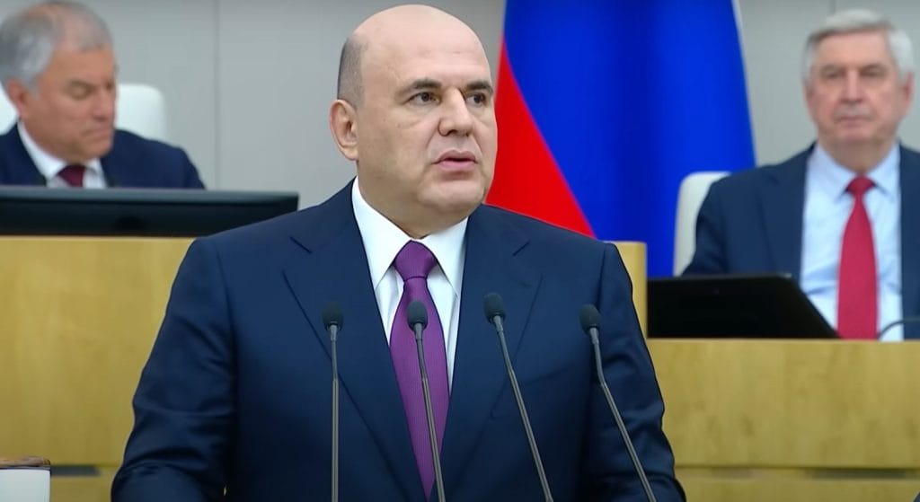 Russian Prime Minister Mikhail Mishustin addresses parliament earlier this year.