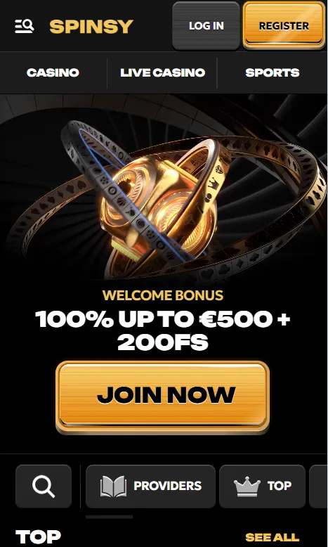 spinsy mobile casino homepage