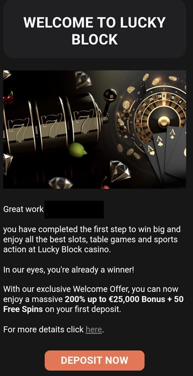 lucky block welcome email