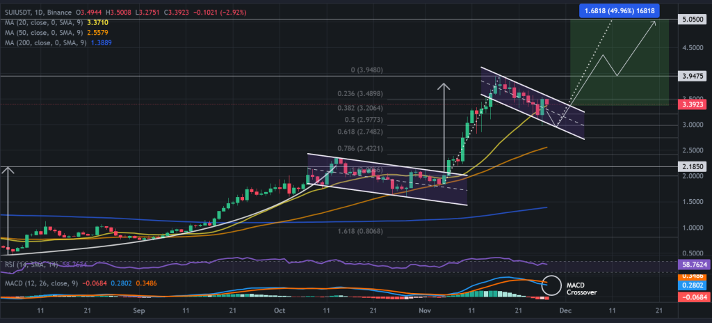 SUI / USDT 1D chart, flag pattern. Source: Binance.