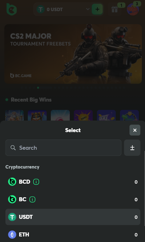 choose tether from the list of deposit methods