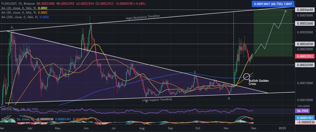 FLOKI / USDT 1D chart, symmetrical triangle pattern. Source: Binance.